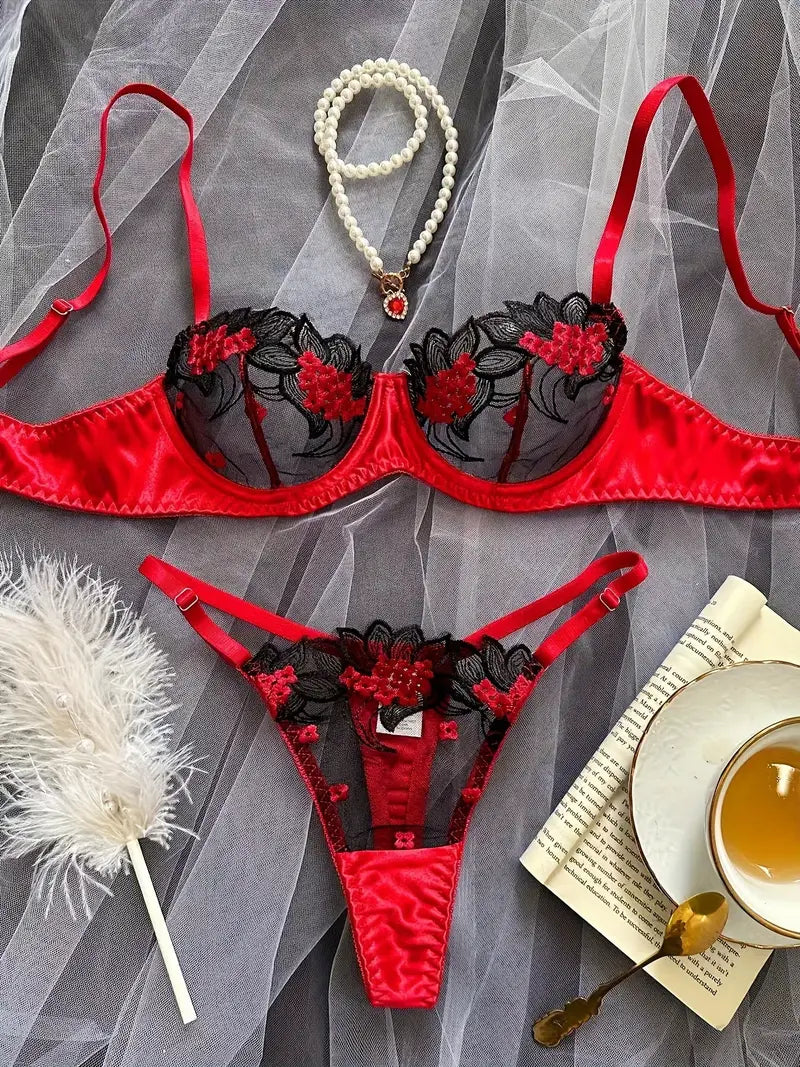 Sexy Lingerie Black & Red Lace Bra & Low-Rise Thong Set