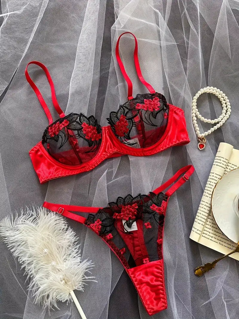 Sexy Lingerie Black & Red Lace Bra & Low-Rise Thong Set