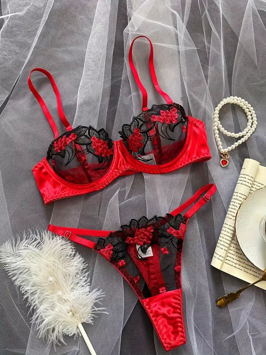 Sexy Lingerie Black & Red Lace Bra & Low-Rise Thong Set