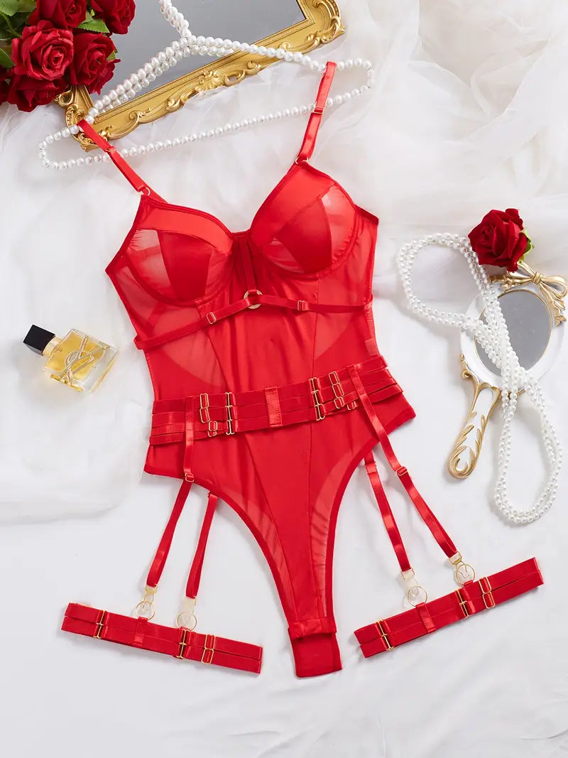 Red Mesh Bodysuit with Golden Accents - Sheer Lingerie Outfit with Adjustable Straps