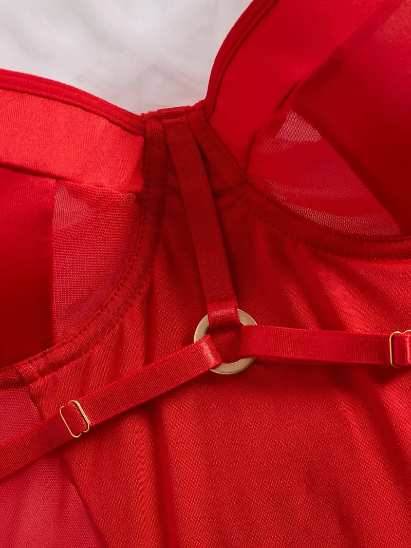 Red Mesh Bodysuit with Golden Accents - Sheer Lingerie Outfit with Adjustable Straps