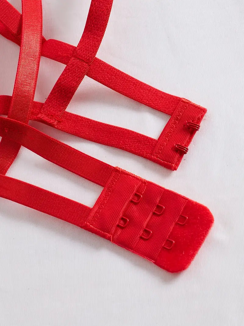 Red Mesh Bodysuit with Golden Accents - Sheer Lingerie Outfit with Adjustable Straps