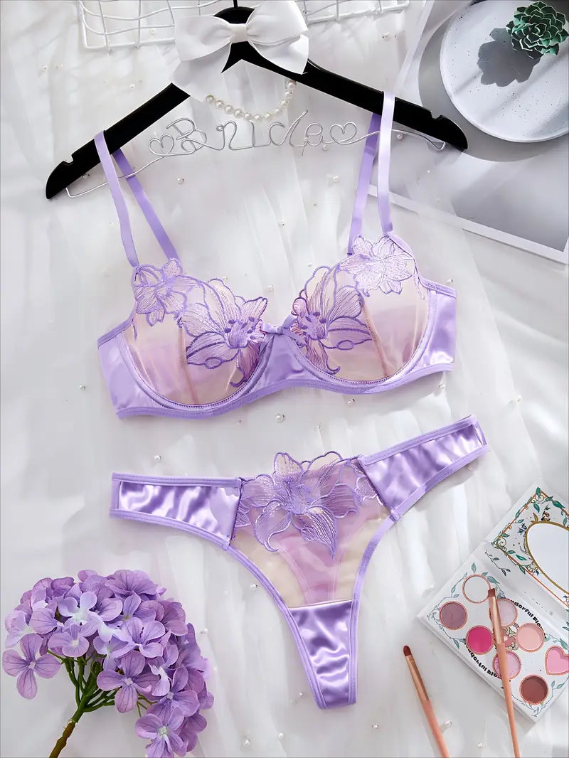 Semi-Sheer Floral Lace-  Lingerie Set