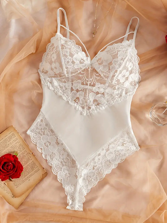 England Style White Lace Mesh Bodysuit