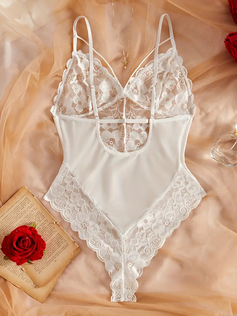England Style White Lace Mesh Bodysuit