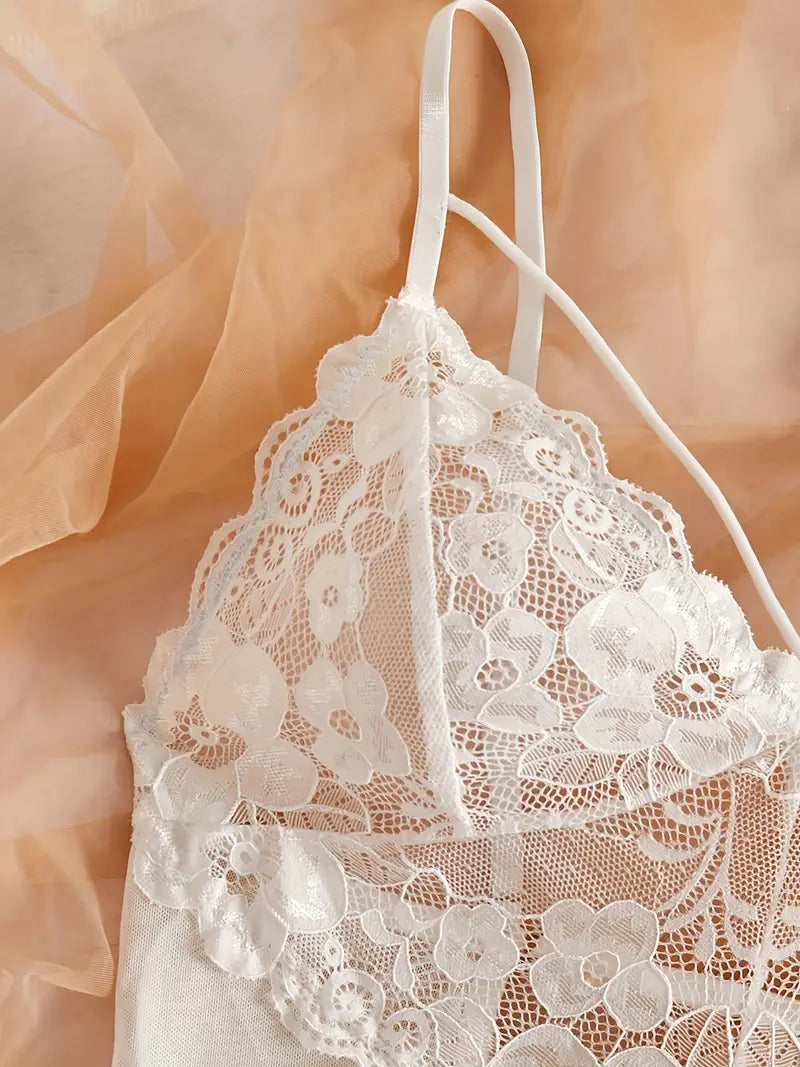 England Style White Lace Mesh Bodysuit