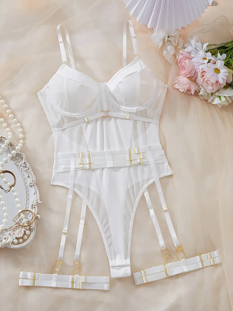 White Mesh Bodysuit with Golden Accents - Sheer Lingerie Outfit with Adjustable Straps