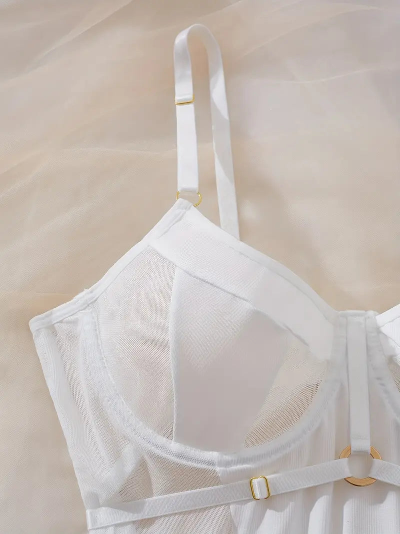 White Mesh Bodysuit with Golden Accents - Sheer Lingerie Outfit with Adjustable Straps