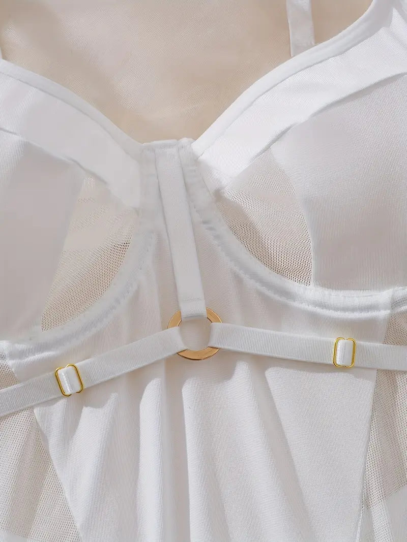 White Mesh Bodysuit with Golden Accents - Sheer Lingerie Outfit with Adjustable Straps