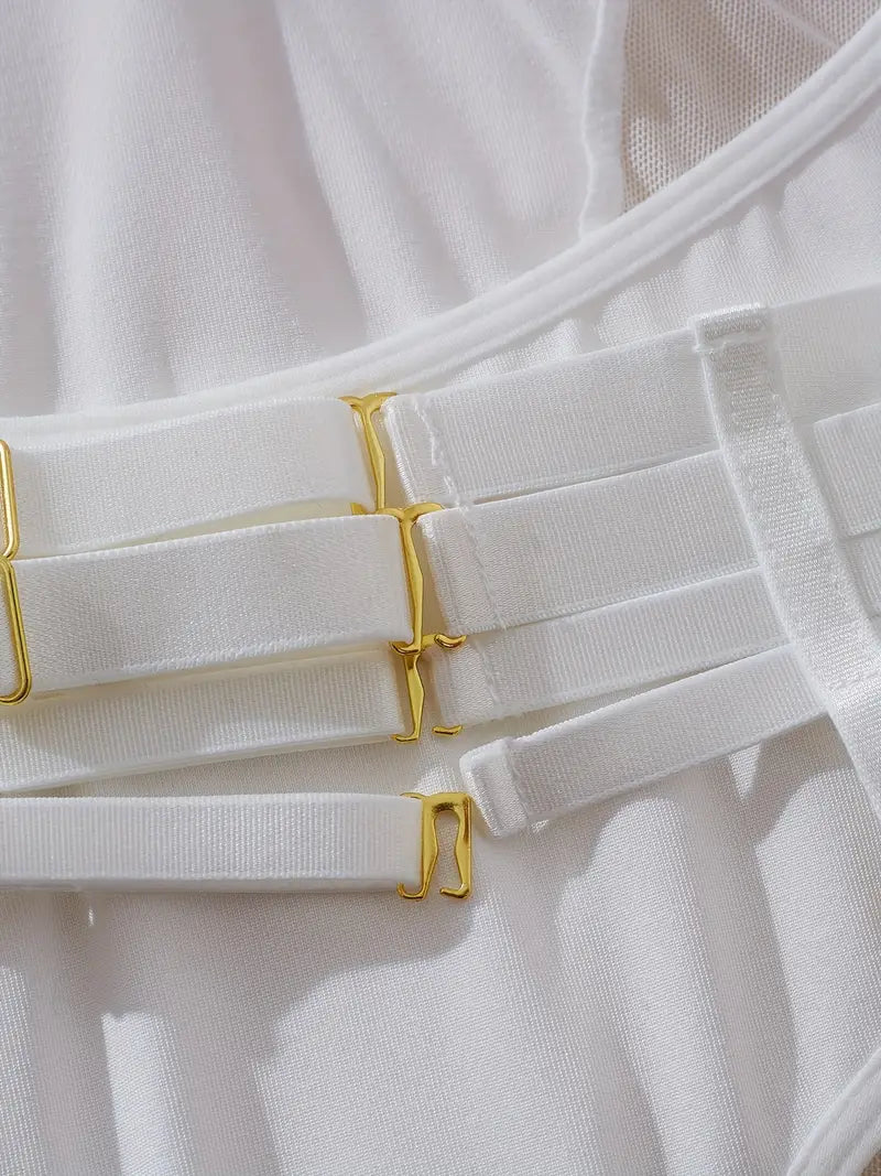 White Mesh Bodysuit with Golden Accents - Sheer Lingerie Outfit with Adjustable Straps
