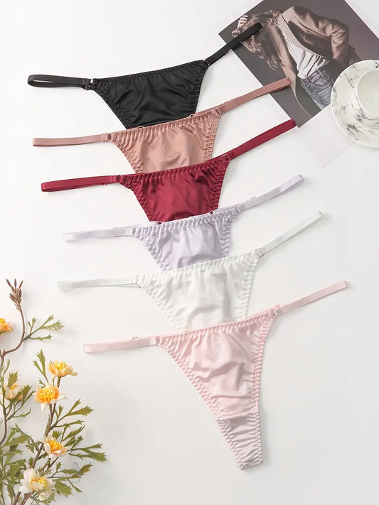 5-pcs Pack Luxury Soft  Satin Thongs Mid-Rise V-String Panties