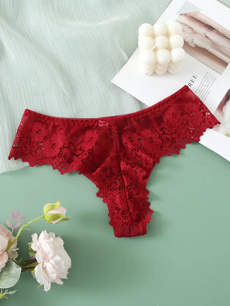 5-pcs Pack Low-Rise V-String Panties (Black/Red/Blue/Brown/Beige) with Contrast Lace Trim