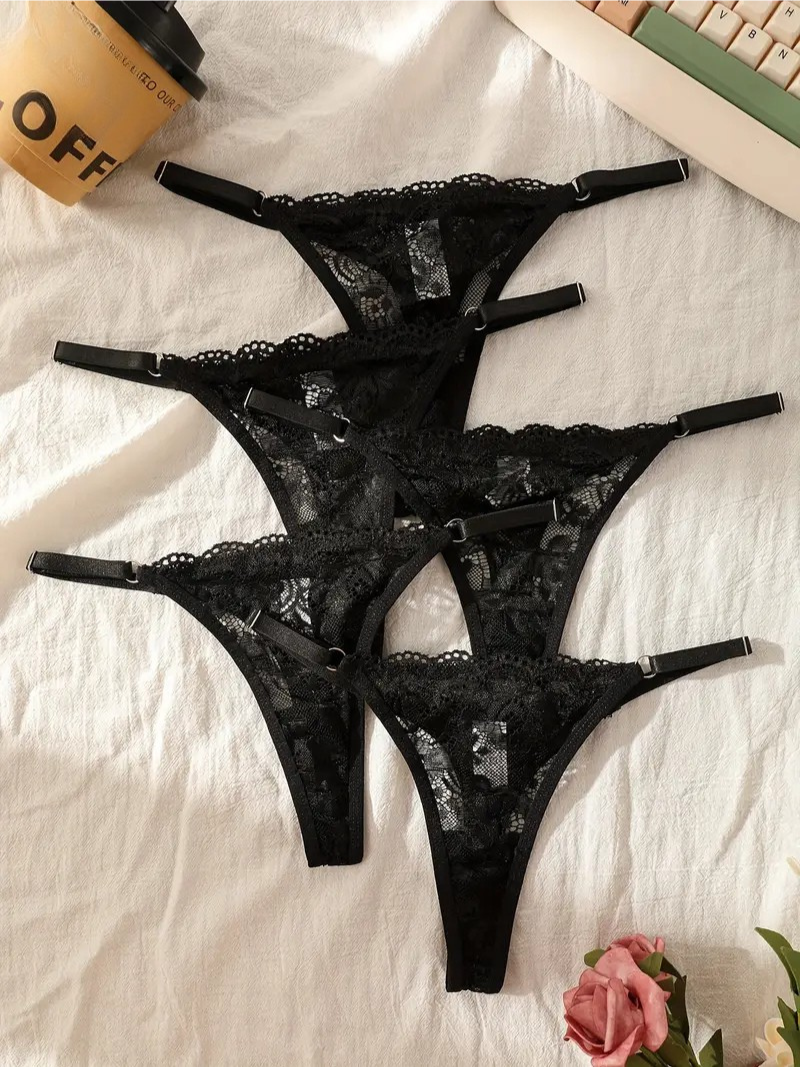 5-pcs Pack Black Lace Thongs with Soft Breathable Fabric Low-Rise Design