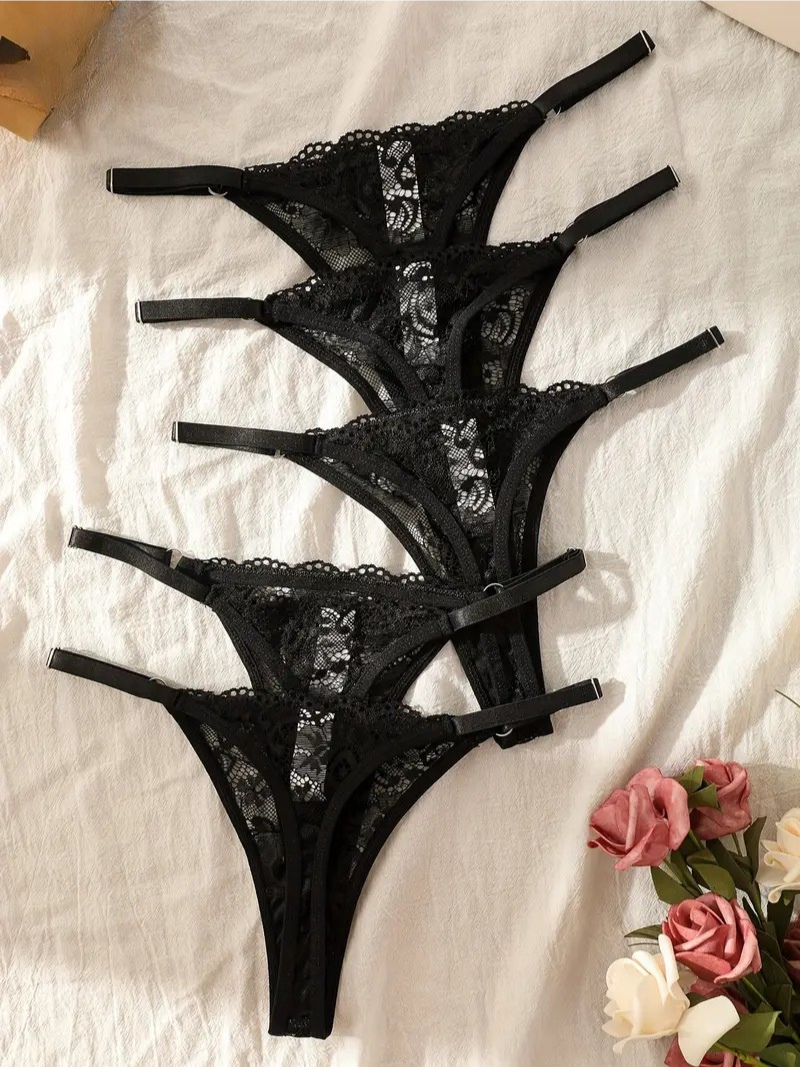 5-pcs Pack Black Lace Thongs with Soft Breathable Fabric Low-Rise Design