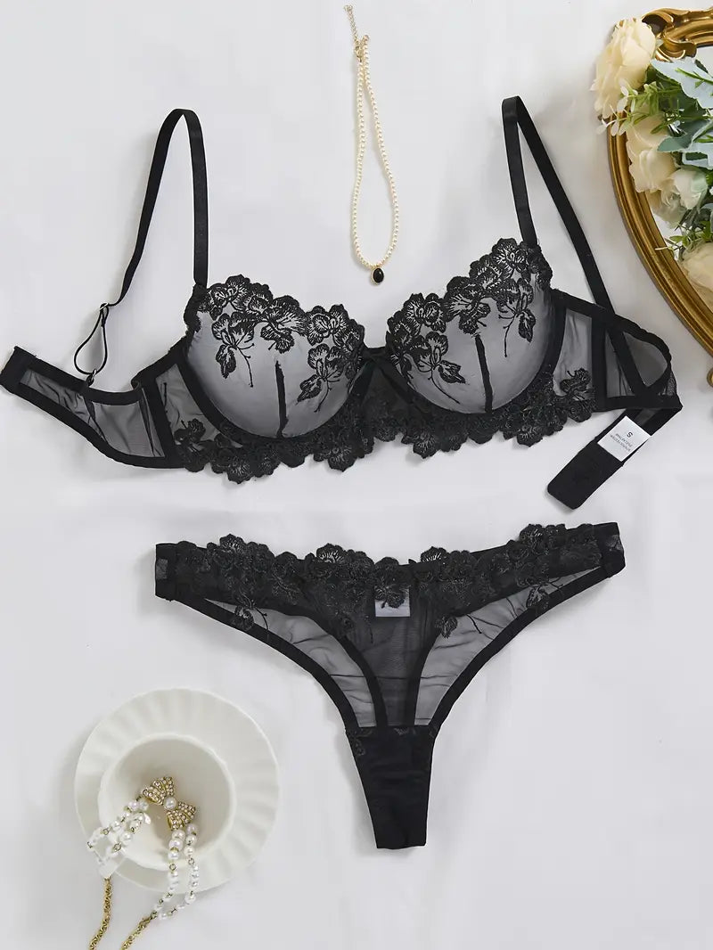 Black Classic Elegant Floral Embroidered Lingerie Set
