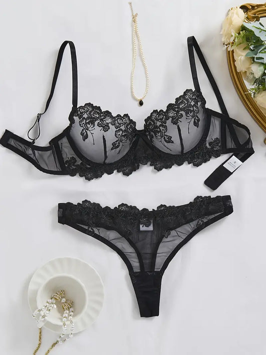 Black Classic Elegant Floral Embroidered Lingerie Set