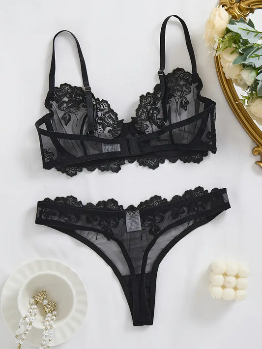 Black Classic Elegant Floral Embroidered Lingerie Set