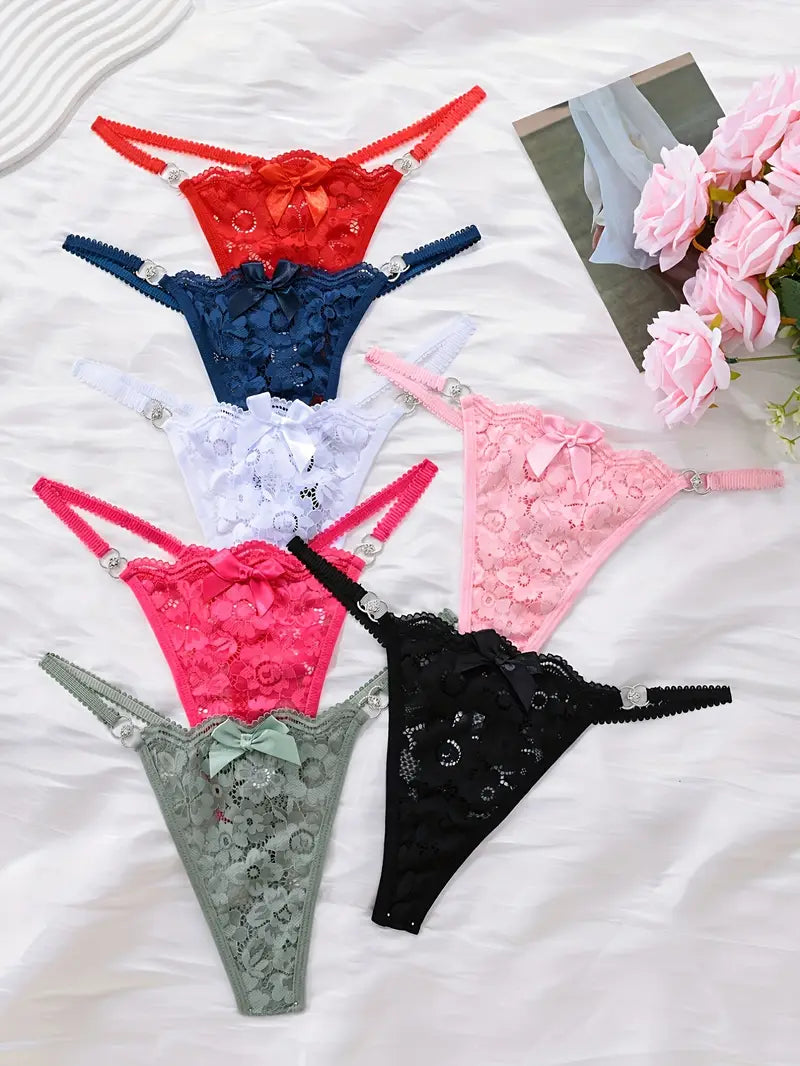 7-pcs Pack Floral Lace Thongs V-String Panties 7 Colors (Red/Black/Blue/Green/Pink/White/Lavender)