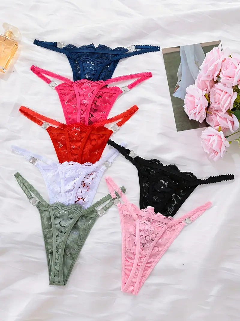 7-pcs Pack Floral Lace Thongs V-String Panties 7 Colors (Red/Black/Blue/Green/Pink/White/Lavender)