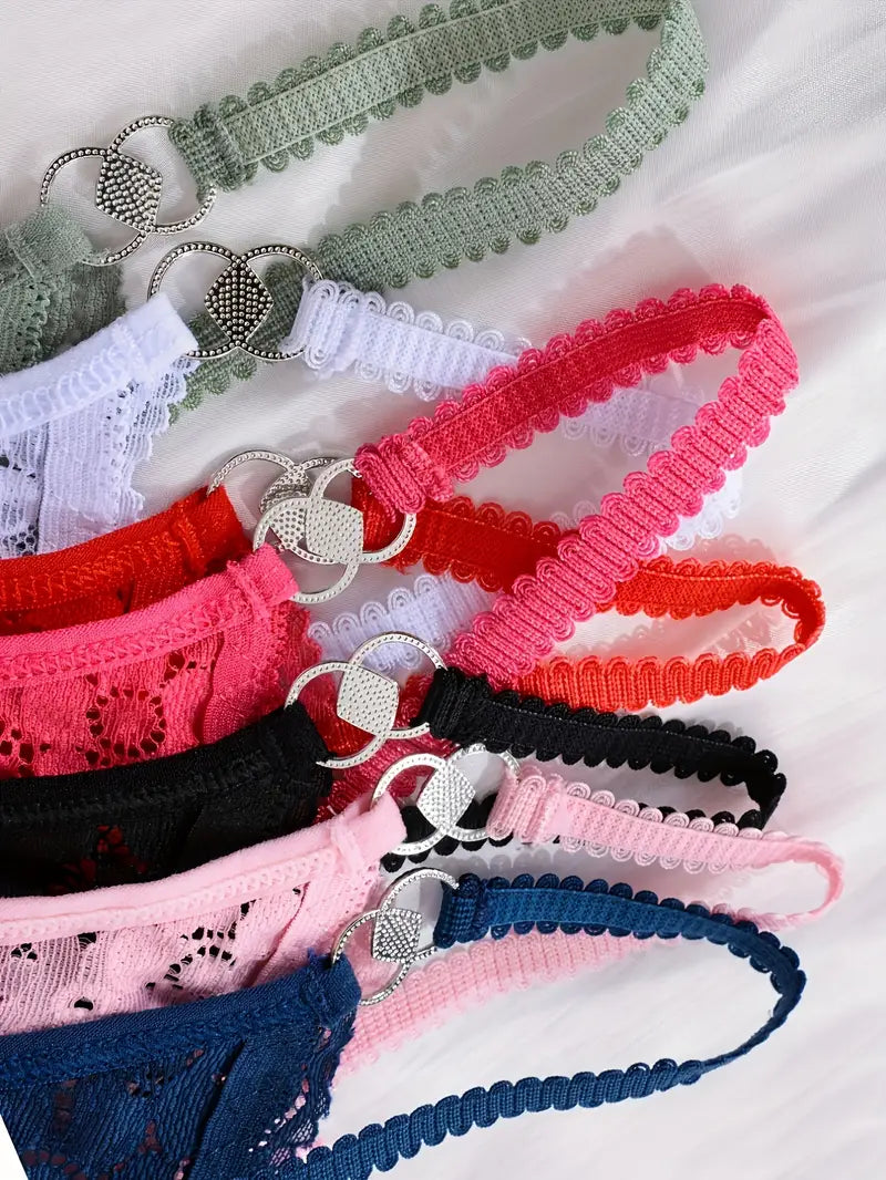 7-pcs Pack Floral Lace Thongs V-String Panties 7 Colors (Red/Black/Blue/Green/Pink/White/Lavender)