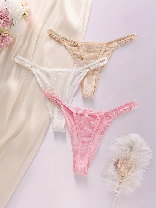 3-pcs Pack Lightweight  Elegant Lace  V-String Panties 3 Colors (White, Light Beige & Pink)