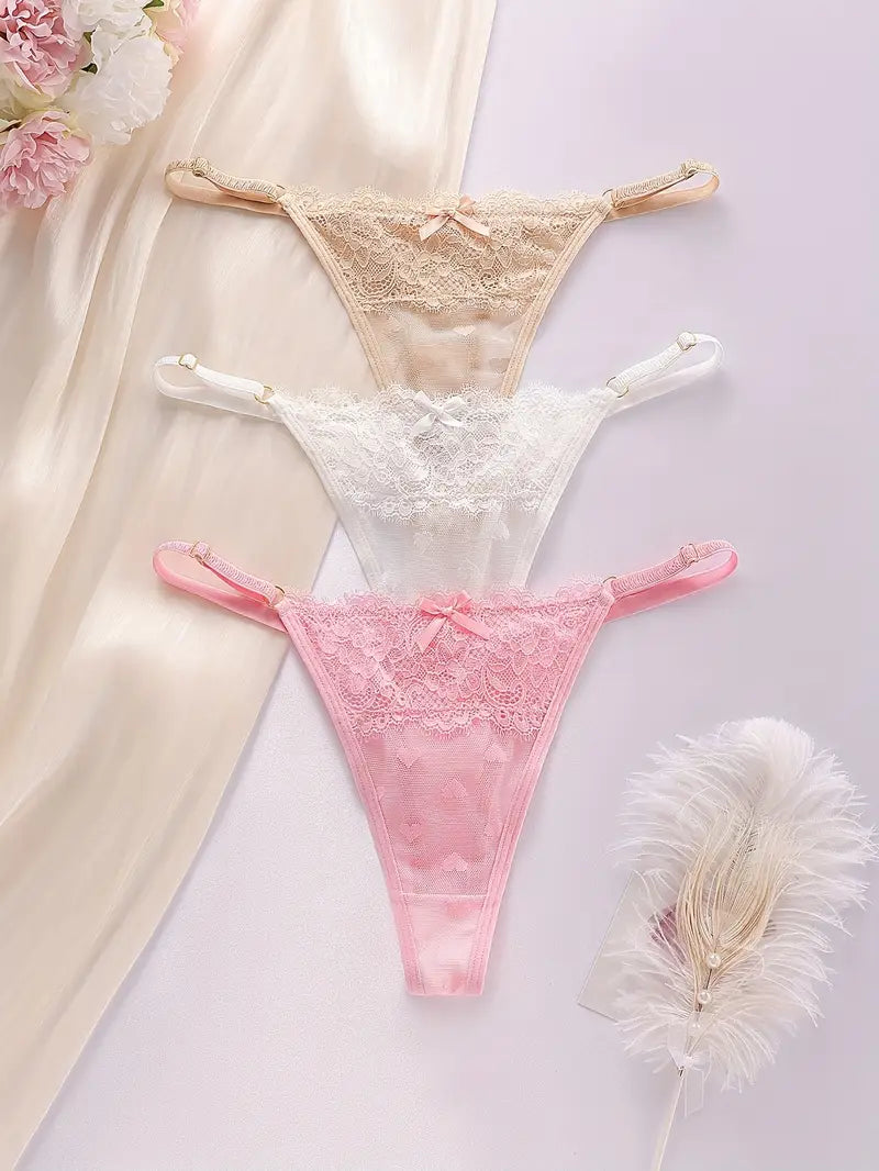3-pcs Pack Lightweight  Elegant Lace  V-String Panties 3 Colors (White, Light Beige & Pink)