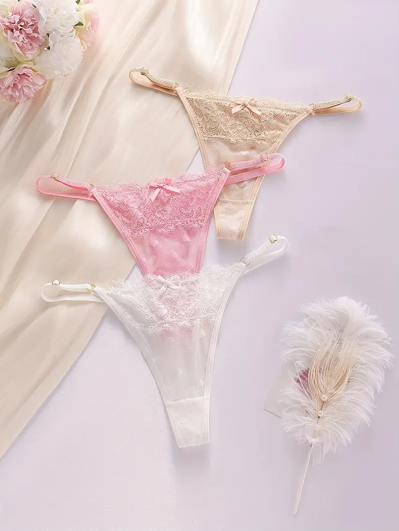 3-pcs Pack Lightweight  Elegant Lace  V-String Panties 3 Colors (White, Light Beige & Pink)