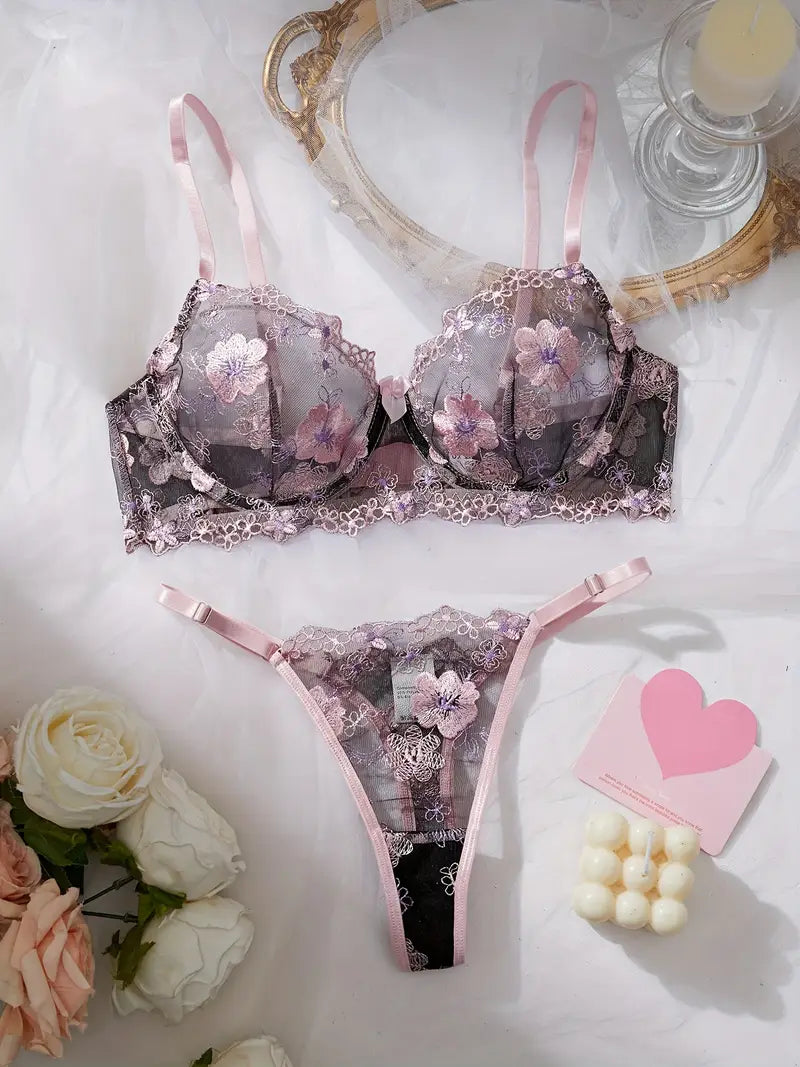 Romantic Pink Floral Sexy Underwear Set Delicate Embroidery