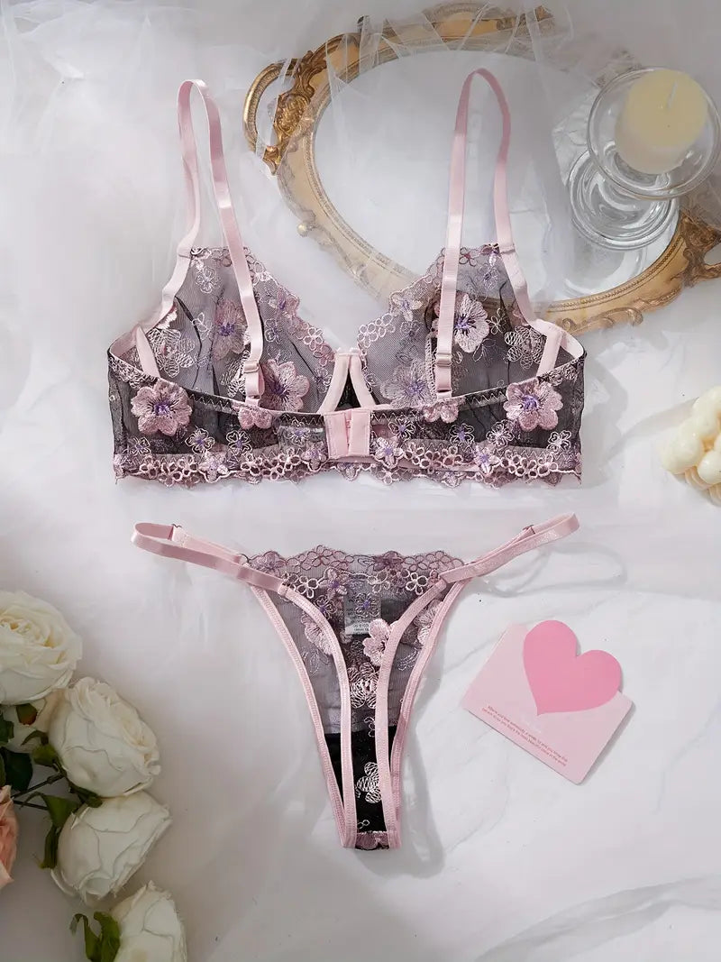 Romantic Pink Floral Sexy Underwear Set Delicate Embroidery