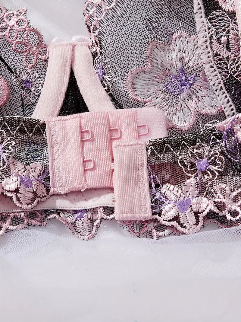 Romantic Pink Floral Sexy Underwear Set Delicate Embroidery