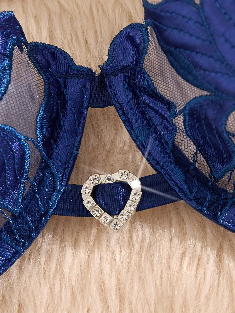 3 Sets Floral Fashionable Lingerie Set (Blue, White, Black)