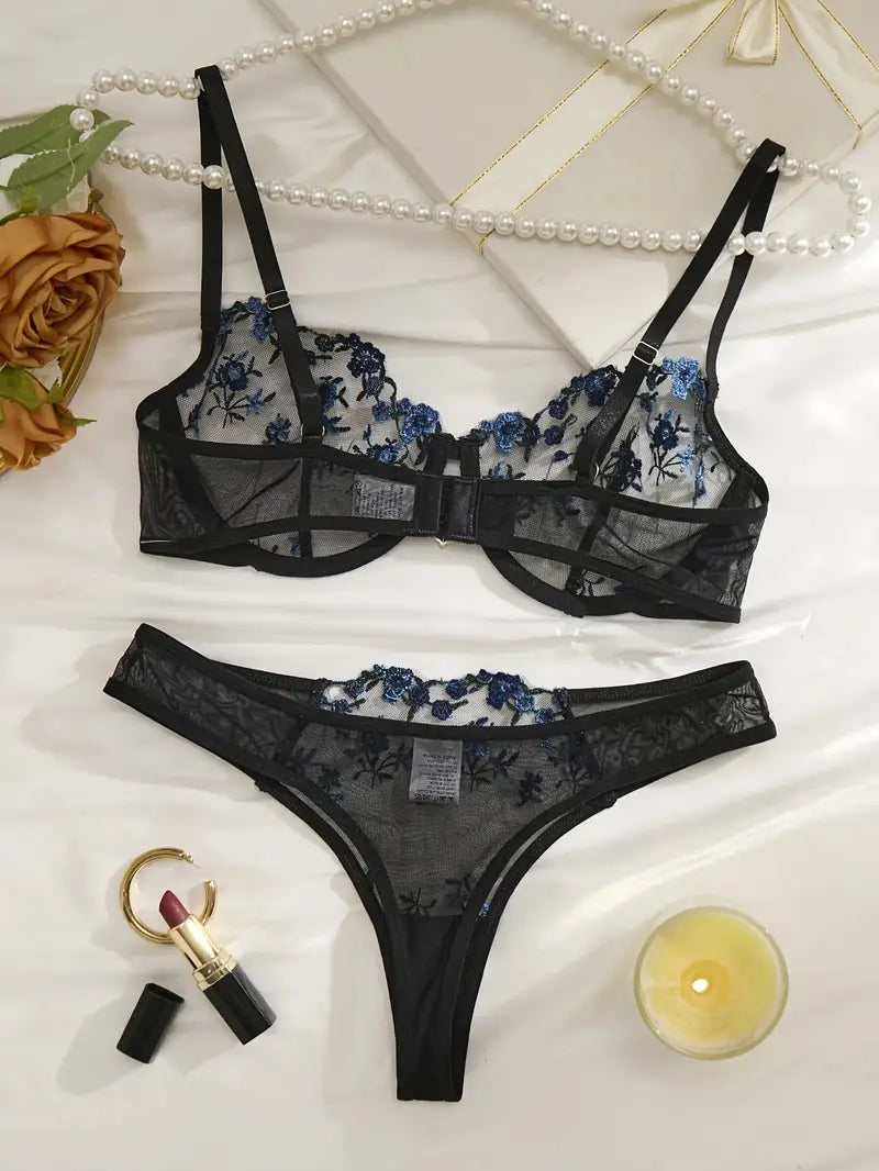 Elegant Floral  Navy Blue Bra and Thong  Set