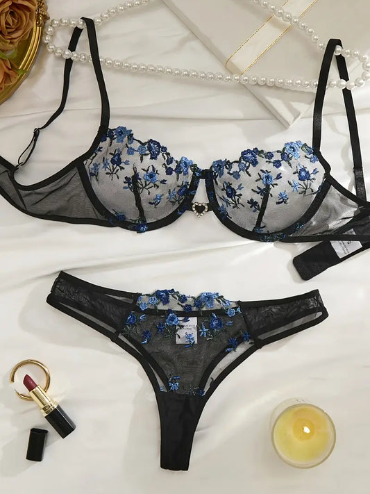 Elegant Floral  Navy Blue Bra and Thong  Set