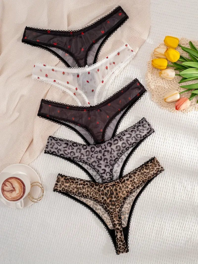 5-pcs Pack Soft Thong Panties Underwear with Strawberry Heart Leopard Print