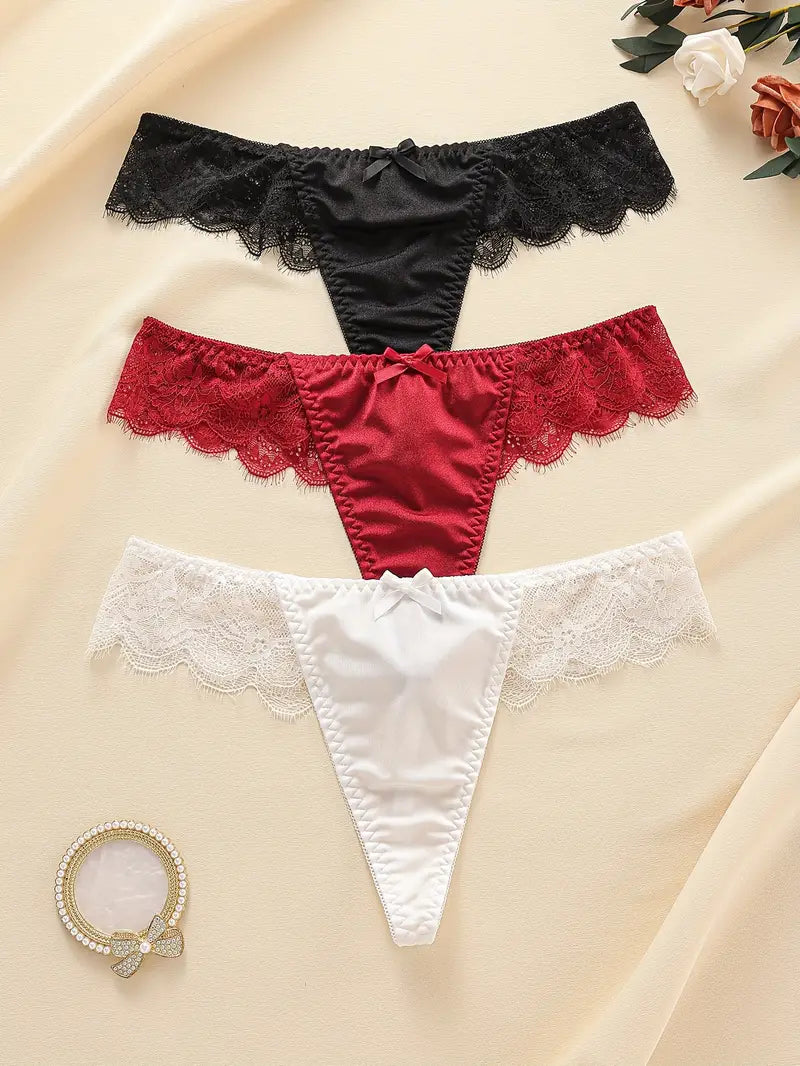 3-pcs Pack Elegant  Lace Trim Satin Women's Low-Rise Breathable Thong (Red, Black, White)