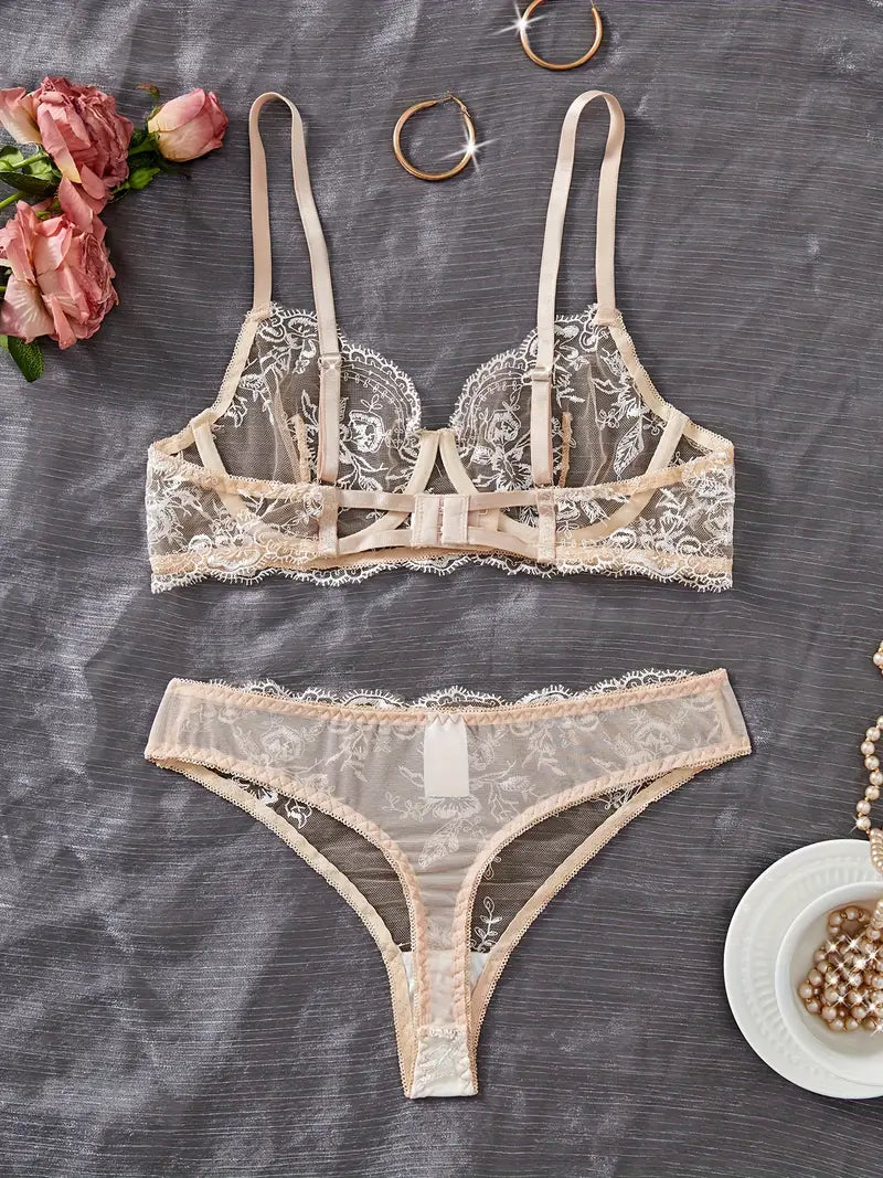 Sexy Lingerie Champagne Lace Bra & Low-Rise Thong Set