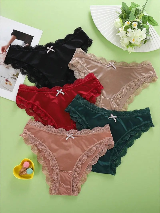 5-pcs Pack Low-Rise Lace Briefs Satin Elegant Lace Underwear Cheeky Panties