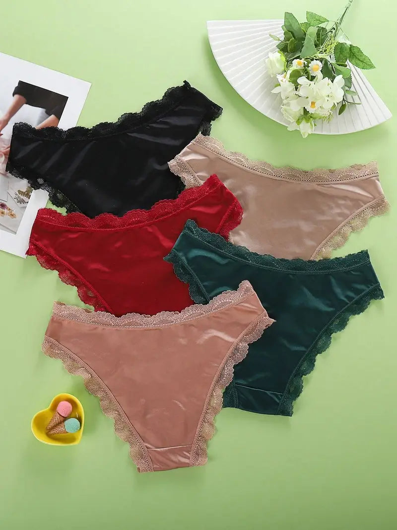 5-pcs Pack Low-Rise Lace Briefs Satin Elegant Lace Underwear Cheeky Panties