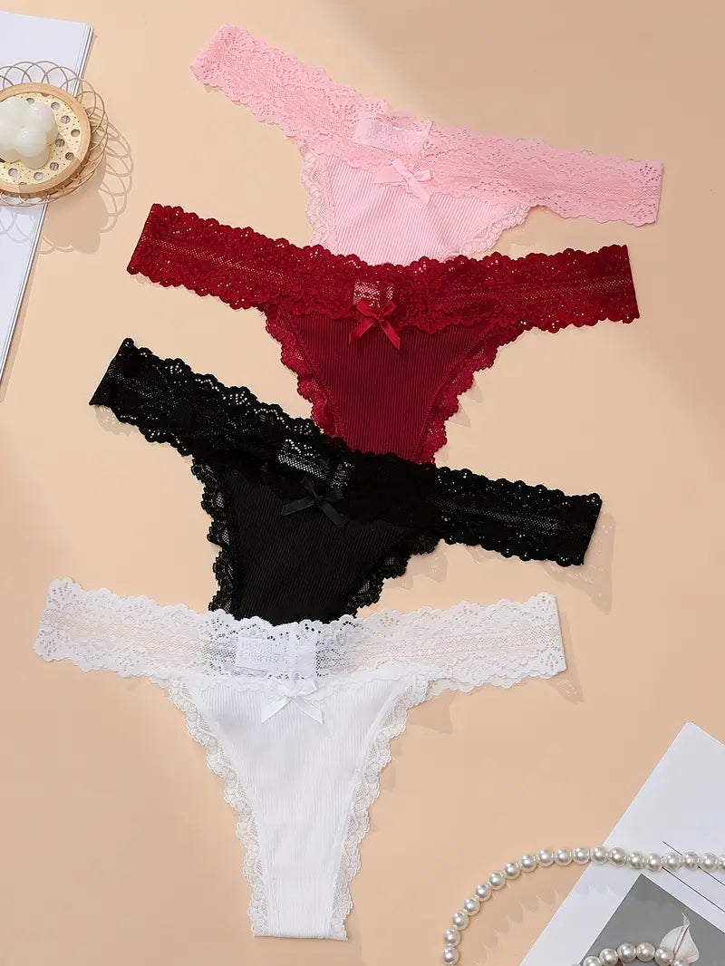4-pcs Pack Cute  Lace Trim Soft Breathable V-String 4 Colors (Red/White/Black/Pink)