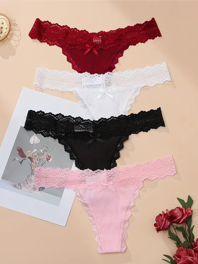 4-pcs Pack Cute  Lace Trim Soft Breathable V-String 4 Colors (Red/White/Black/Pink)