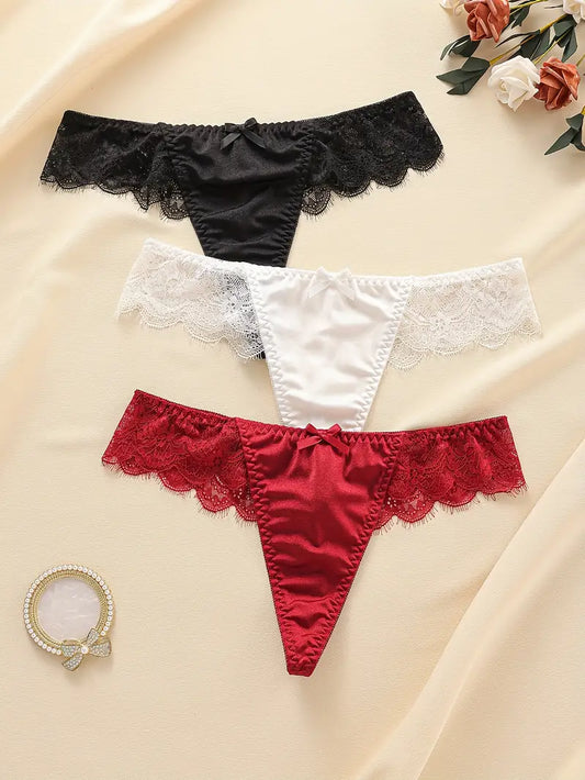 3-pcs Pack Elegant  Lace Trim Satin Women's Low-Rise Breathable Thong (Red, Black, White)