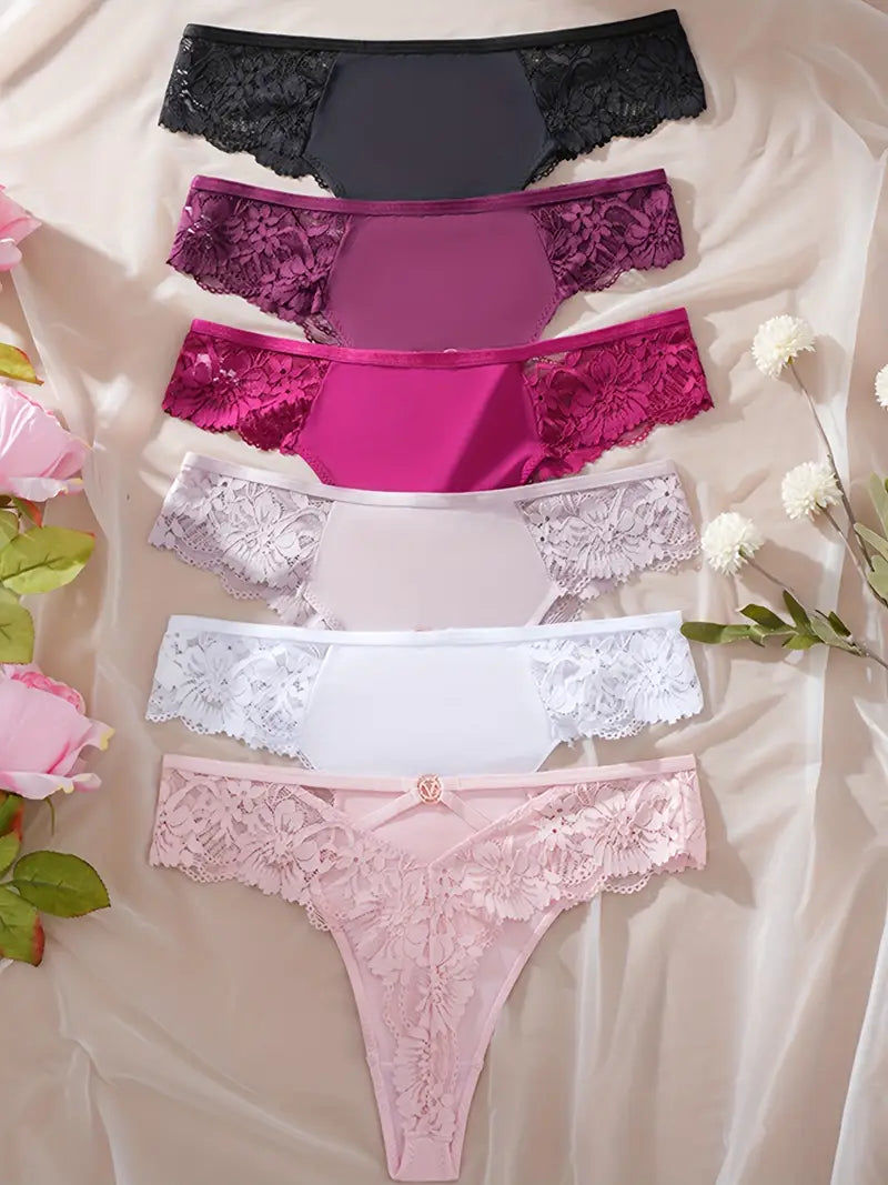 6-pcs Pack Lace Thongs 6cs (Black/White/Pink/Beige/Red/Purple) Sexy & Soft Breathable Underwear with Contrast Lace Trim