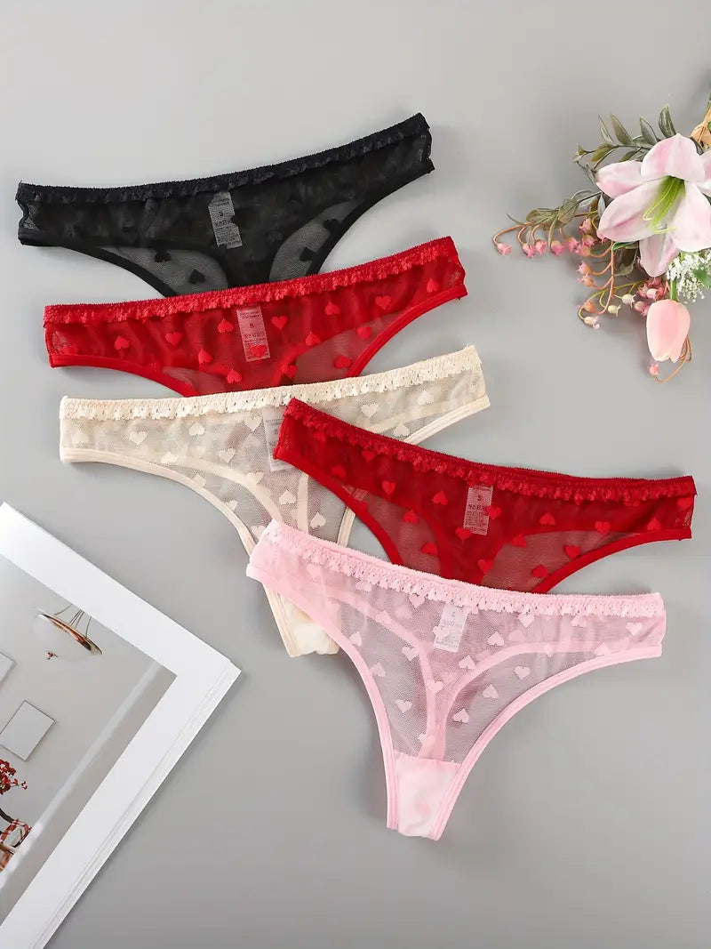 5-pcs Pack  Semi-Sheer Lace Trim Breathable Low-Rise Thong Panties  (Black/Red/Beige/Pink/White)