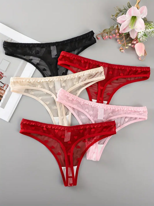 5-pcs Pack  Semi-Sheer Lace Trim Breathable Low-Rise Thong Panties  (Black/Red/Beige/Pink/White)