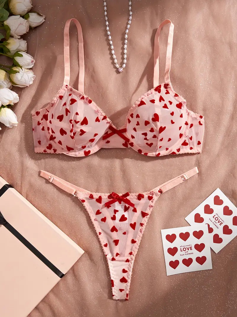 Lingerie Set With Sexy See-through Mesh And Heart-embroidered Wraparound Bra