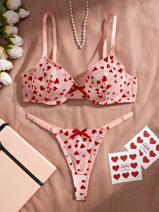 Lingerie Set With Sexy See-through Mesh And Heart-embroidered Wraparound Bra