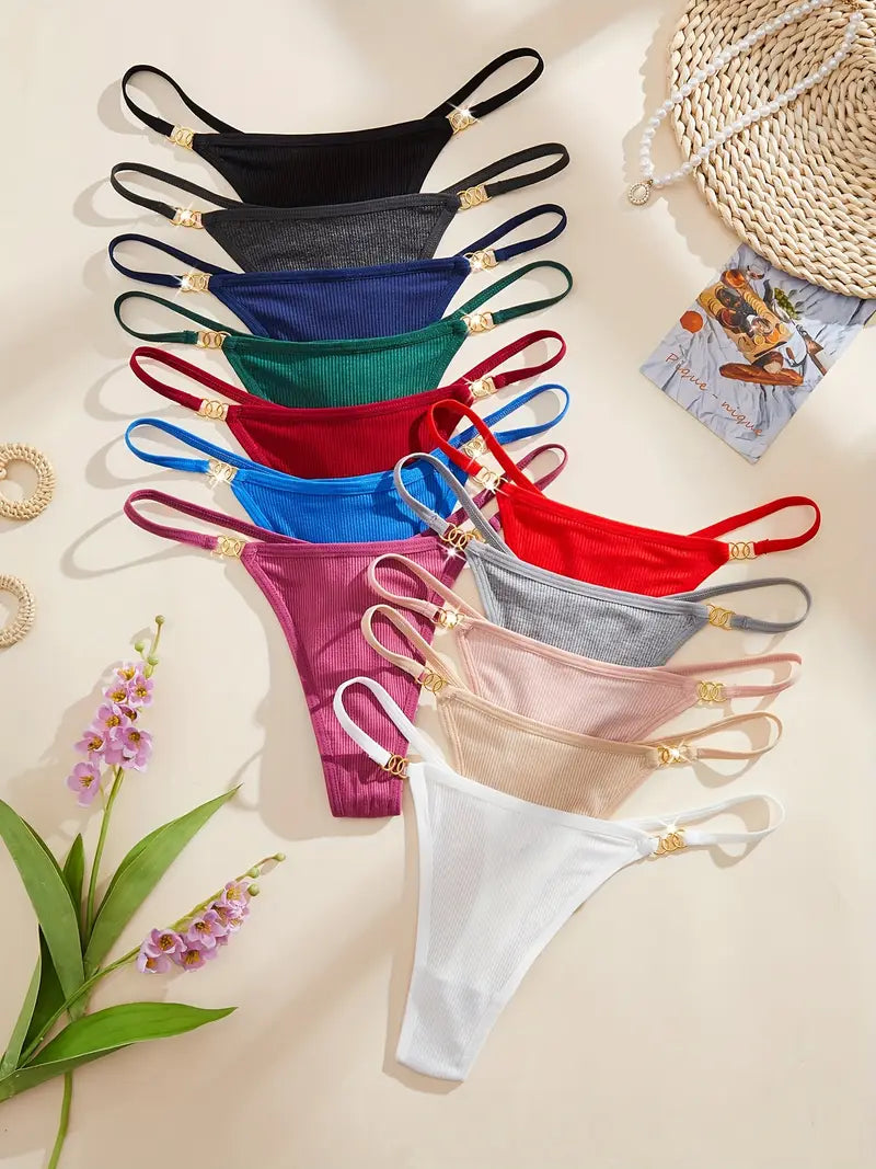 12-pcs Pack Comfortable Breathable  Soft  Low-Rise Thongs V-String Solid Multicolor