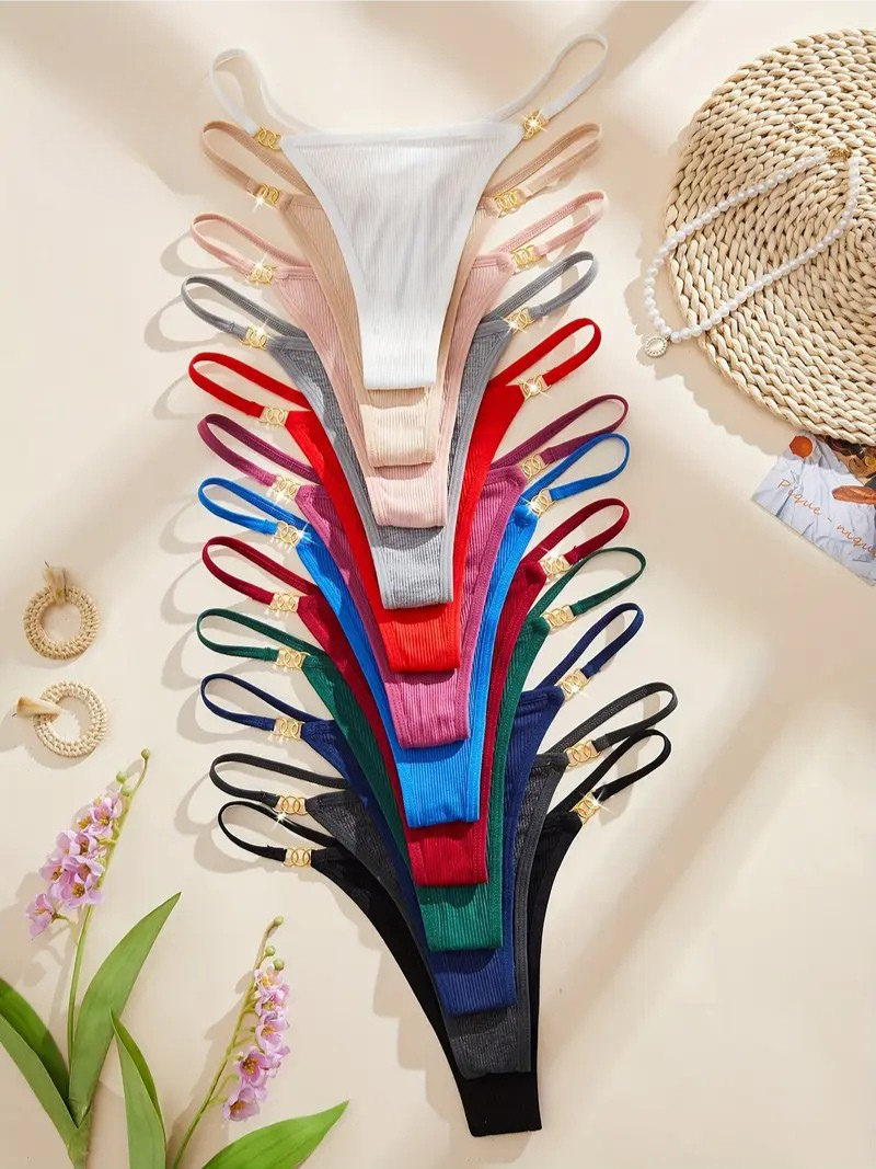 12-pcs Pack Comfortable Breathable  Soft  Low-Rise Thongs V-String Solid Multicolor