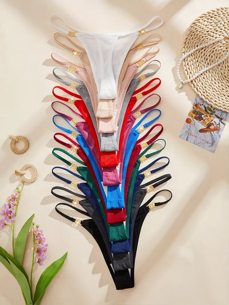 12-pcs Pack Comfortable Breathable  Soft  Low-Rise Thongs V-String Solid Multicolor