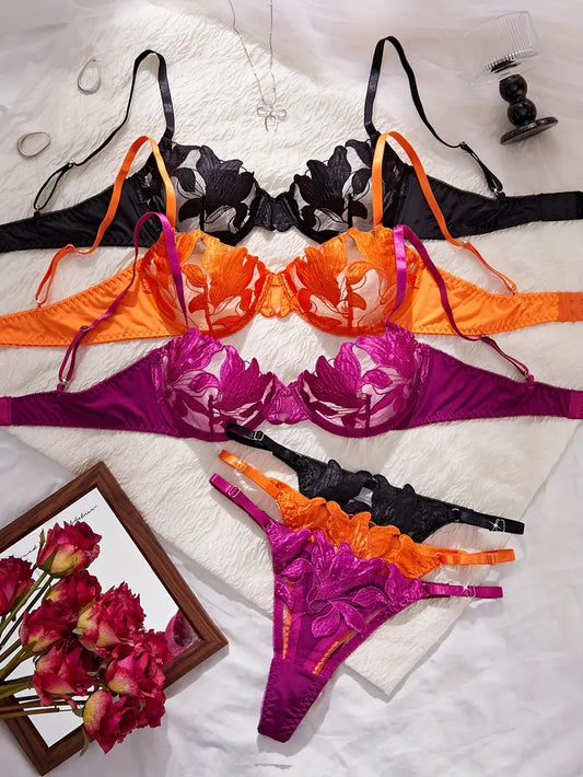 3 Sets Floral Fashionable  Colorful Bra and Panties